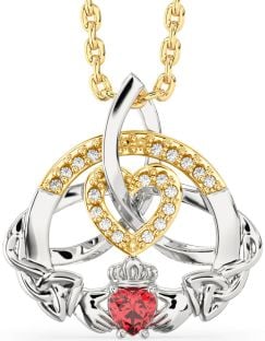 Diamond Ruby White Yellow Gold Claddagh Celtic Trinity Knot Heart Necklace