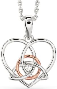 Diamond Rose Gold Silver Celtic Trinity Knot Heart Necklace