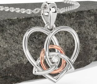 Diamond Rose Gold Silver Celtic Trinity Knot Heart Necklace