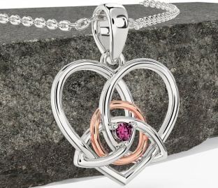 Pink Tourmaline Rose Gold Silver Celtic Trinity Knot Heart Necklace