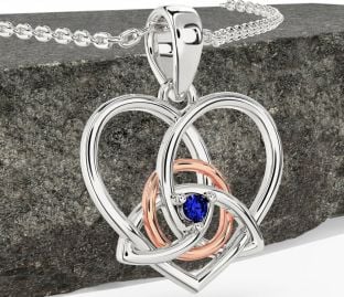 Sapphire Rose Gold Silver Celtic Trinity Knot Heart Necklace