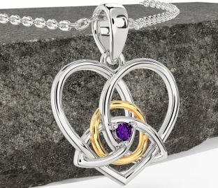 Amethyst Gold Silver Celtic Trinity Knot Heart Necklace
