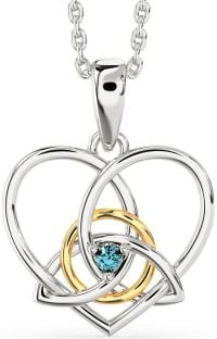 Aquamarine Gold Silver Celtic Trinity Knot Heart Necklace