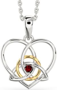 Garnet Gold Silver Celtic Trinity Knot Heart Necklace