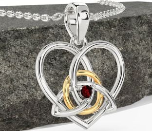 Garnet Gold Silver Celtic Trinity Knot Heart Necklace