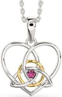 Pink Tourmaline Gold Silver Celtic Trinity Knot Heart Necklace