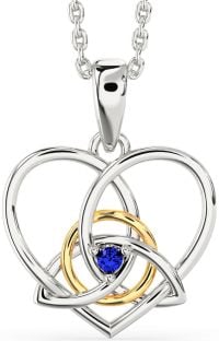 Sapphire Gold Silver Celtic Trinity Knot Heart Necklace