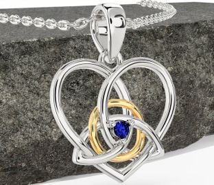 Sapphire Gold Silver Celtic Trinity Knot Heart Necklace