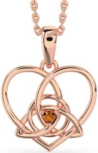 Citrine Rose Gold Silver Celtic Trinity Knot Heart Necklace