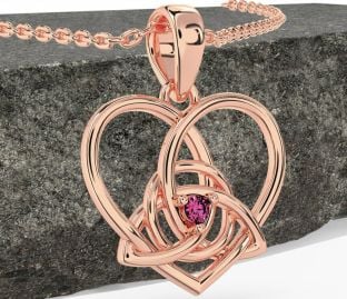 Pink Tourmaline Rose Gold Celtic Trinity Knot Heart Necklace