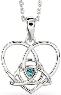 Aquamarine Silver Celtic Trinity Knot Heart Necklace