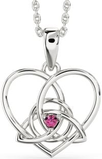 Pink Tourmaline Silver Celtic Trinity Knot Heart Necklace