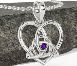 Amethyst White Gold Celtic Trinity Knot Heart Necklace