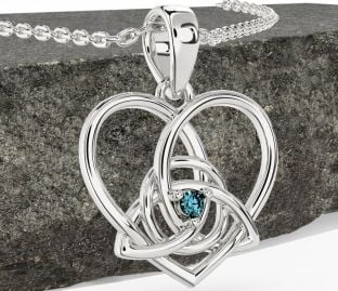 Aquamarine White Gold Celtic Trinity Knot Heart Necklace