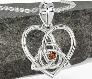 Citrine White Gold Celtic Trinity Knot Heart Necklace