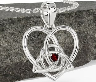 Garnet White Gold Celtic Trinity Knot Heart Necklace