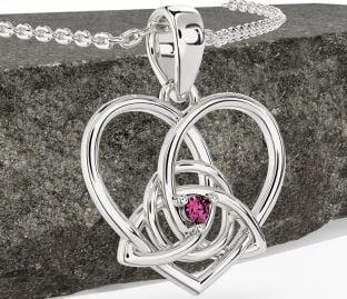 Pink Tourmaline White Gold Celtic Trinity Knot Heart Necklace