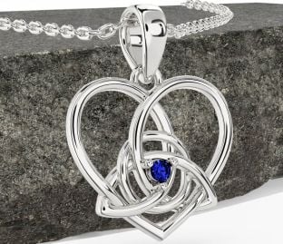 Sapphire White Gold Celtic Trinity Knot Heart Necklace