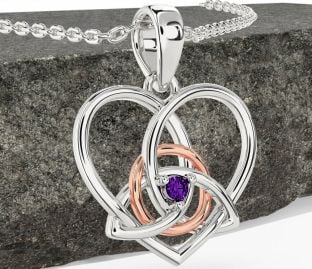 Amethyst White Rose Gold Celtic Trinity Knot Heart Necklace