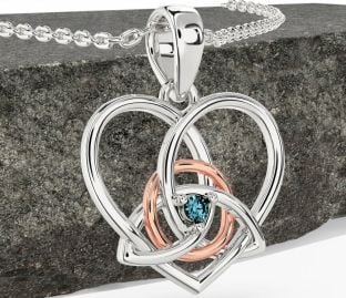 Aquamarine White Rose Gold Celtic Trinity Knot Heart Necklace