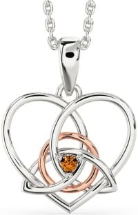 Citrine White Rose Gold Celtic Trinity Knot Heart Necklace