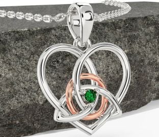 Emerald White Rose Gold Celtic Trinity Knot Heart Necklace