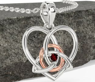 Garnet White Rose Gold Celtic Trinity Knot Heart Necklace