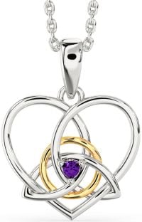 Amethyst White Yellow Gold Celtic Trinity Knot Heart Necklace