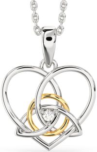 Diamond White Yellow Gold Celtic Trinity Knot Heart Necklace