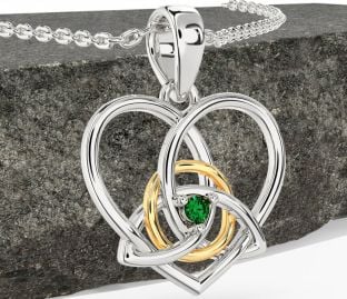 Emerald White Yellow Gold Celtic Trinity Knot Heart Necklace