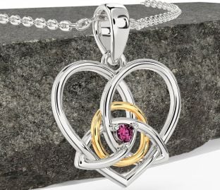 Pink Tourmaline White Yellow Gold Celtic Trinity Knot Heart Necklace
