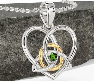 Peridot White Yellow Gold Celtic Trinity Knot Heart Necklace