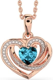 Diamond Aquamarine Rose Gold Silver Celtic Heart Necklace