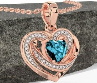 Diamond Aquamarine Rose Gold Silver Celtic Heart Necklace