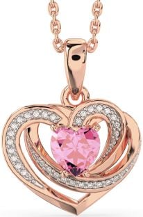 Diamond Pink Tourmaline Rose Gold Silver Celtic Heart Necklace