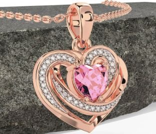 Diamond Pink Tourmaline Rose Gold Silver Celtic Heart Necklace