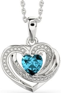 Diamond Aquamarine Silver Celtic Heart Necklace