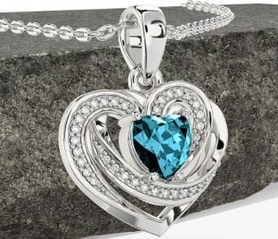 Diamond Aquamarine White Gold Celtic Heart Necklace