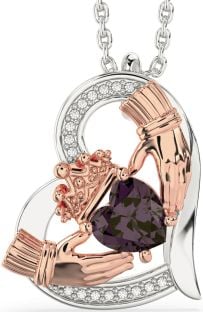 Diamond Alexandrite Rose Gold Silver Claddagh Heart Necklace