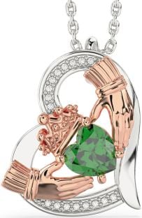 Diamond Emerald Rose Gold Silver Claddagh Heart Necklace