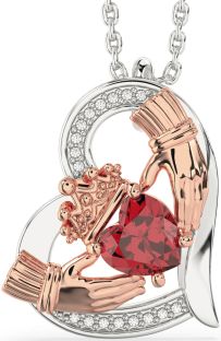 Diamond Ruby Rose Gold Silver Claddagh Heart Necklace