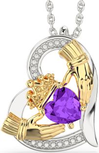 Diamond Amethyst Gold Silver Claddagh Heart Necklace