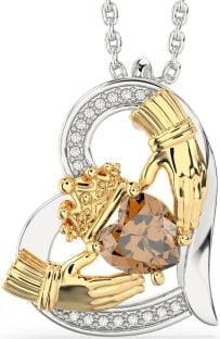 Diamond Citrine Gold Silver Claddagh Heart Necklace