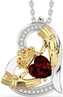 Diamond Garnet Gold Silver Claddagh Heart Necklace