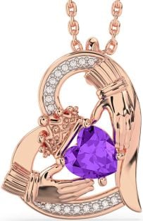 Diamond Amethyst Rose Gold Silver Claddagh Heart Necklace