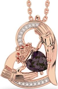 Diamond Alexandrite Rose Gold Silver Claddagh Heart Necklace