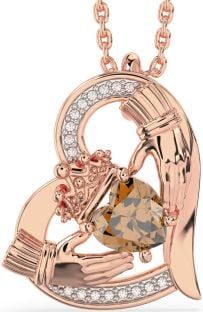 Diamond Citrine Rose Gold Silver Claddagh Heart Necklace