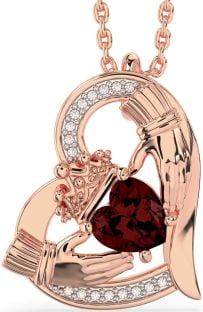 Diamond Garnet Rose Gold Silver Claddagh Heart Necklace