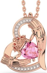 Diamond Pink Tourmaline Rose Gold Silver Claddagh Heart Necklace