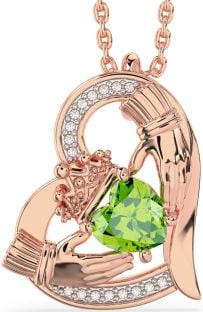 Diamond Peridot Rose Gold Silver Claddagh Heart Necklace